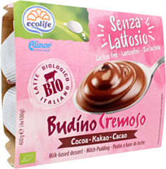 BUDINO CREMOSO AL CACAO CON LATTE BIOLOGICO SENZA LATTOSIO 4X100 GR X 6 Pezzi