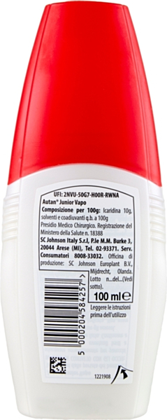 Autan Junior Vapo per Bambini oltre 2 Anni, Insetto Repellente e Antizanzare Tigre e Comuni, 1 Confezione da 100 ml, Dermatologicamente Testato, Spray