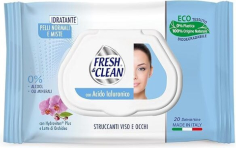Salviettine Struccanti Fresh & Clean per Pelli Normali con Acido Ialuronico - Tessuto Naturale 100%, Senza Alcool e Oli Minerali, Confezione da 48 Pezzi