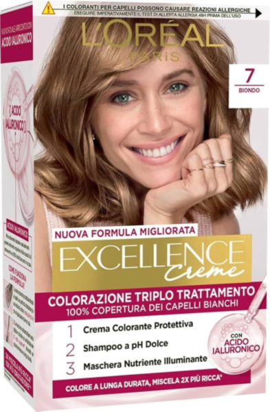 Tinta Capelli L'Oréal Paris Excellence con Triplo Trattamento, Acido Ialuronico, Copertura Completa Capelli Bianchi, Idratazione Intensa, Biondo Cenere 7.1