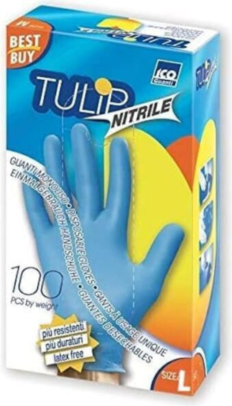 Guanti Monouso in Nitrile Tulip, Colore Blu, Taglia L, Confezione da 100 Paia