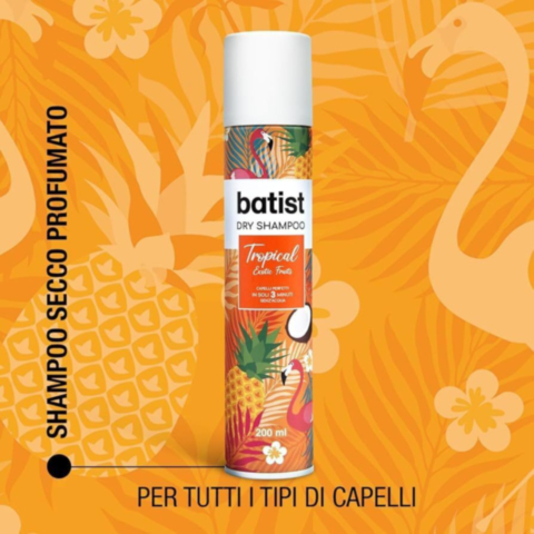 Shampoo Secco Batist Tropical - Profumo Esotico di Cocco e Frutto della Passione - Ideale per Styling e Acconciature - Adatto a Tutti i Tipi di Capelli - 200 ml - Prodotto in Italia - Confezione da 6 Pezzi