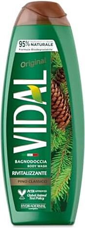 Vidal - Bagnoschiuma Original Pino Classico, Formula Rivitalizzante, Fragranza Pino, Dermatologicamente Testato, 500ml X 12 Pezzi