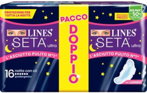 Assorbenti Notturni Lines Seta Ultra Notte con Ali - Confezione da 16 Pezzi: Protezione e Comfort Durante la Notte