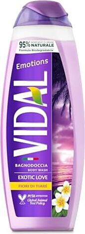Vidal - Bagnoschiuma Emotions, Formula Rivitalizzante, Exotic Love, Fragranza ai Fiori di Tiaré, Dermatologicamente Testato, 500ml X 12 Pezzi
