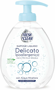 Sapone liquido delicato con acqua micellare, ipoallergenico e adatto alle pelli sensibili. Formato da 300 ml.